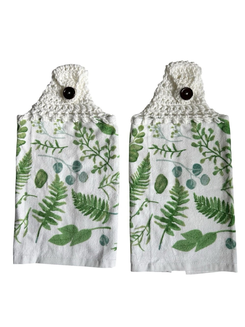 Hand Crafted Colorful Green Ferns Hanging Hand Towels Crochet Top Button Closure